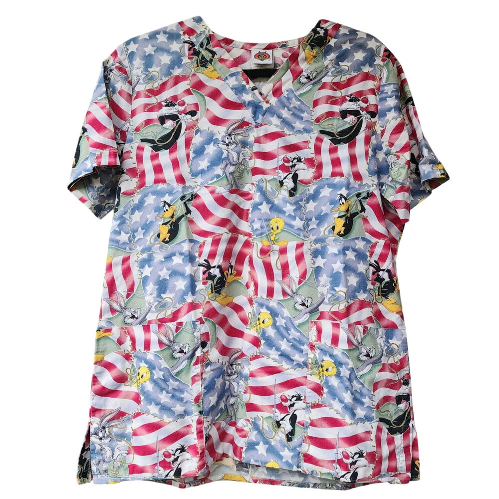 Looney Tunes Scrub Top USA Flag Bugs Bunny Tweety Sylvester Daffy Size Small HTF